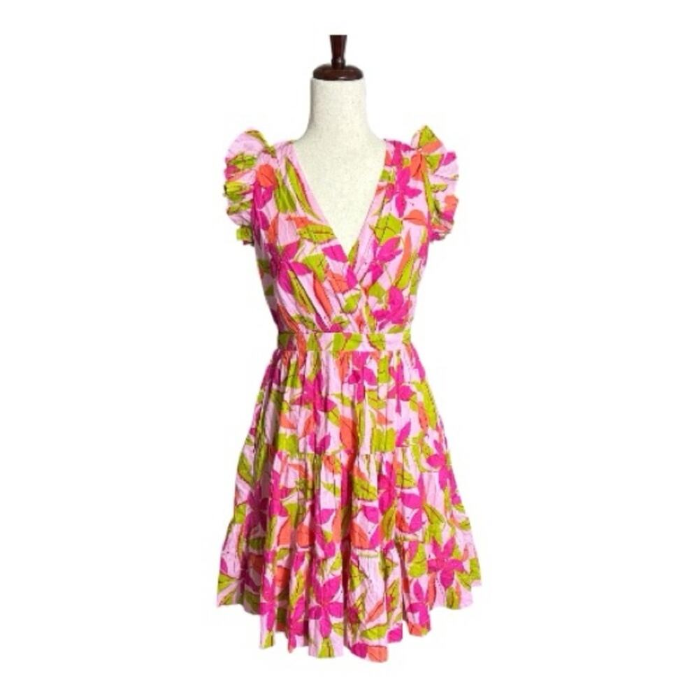 NWT Taylor Vibrant Pink and Green Floral Mini Dress Ruffle Short Sleeves P0312